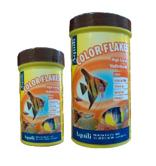 Aquili Color Flakes è il mangime base completo che aumenta la naturale colorazione di tutti i pesci 